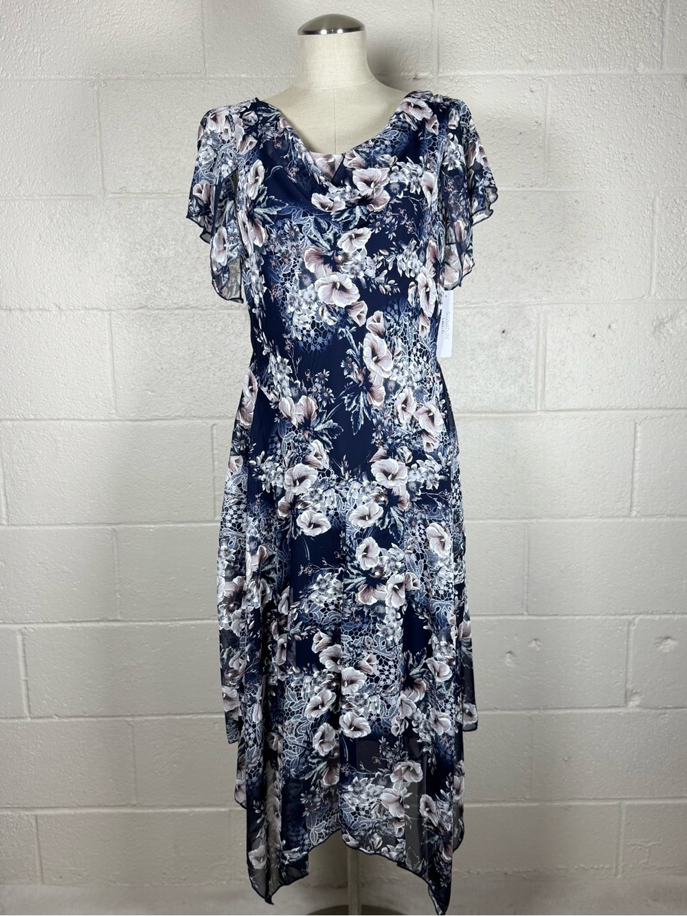 NWT Signature by Robbie Bee Romantic Floral Cowl Neck Midi Dress Size 10